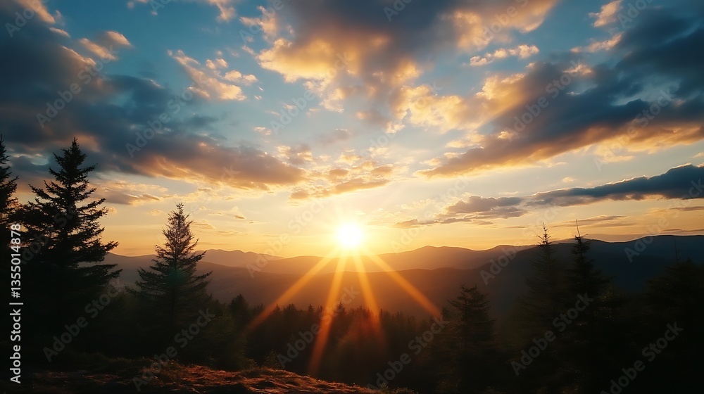 Poster Stunning golden hour view of the sun setting behind distant mountains creating a magical silhouette against the sky : Generative AI