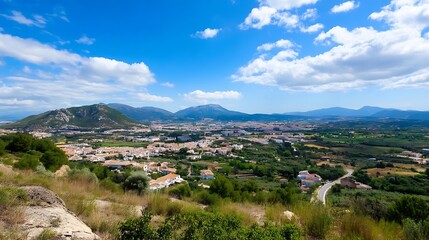 Breathtaking panoramic view of a vibrant landscape under a bright blue sky with rolling hills and distant mountains : Generative AI