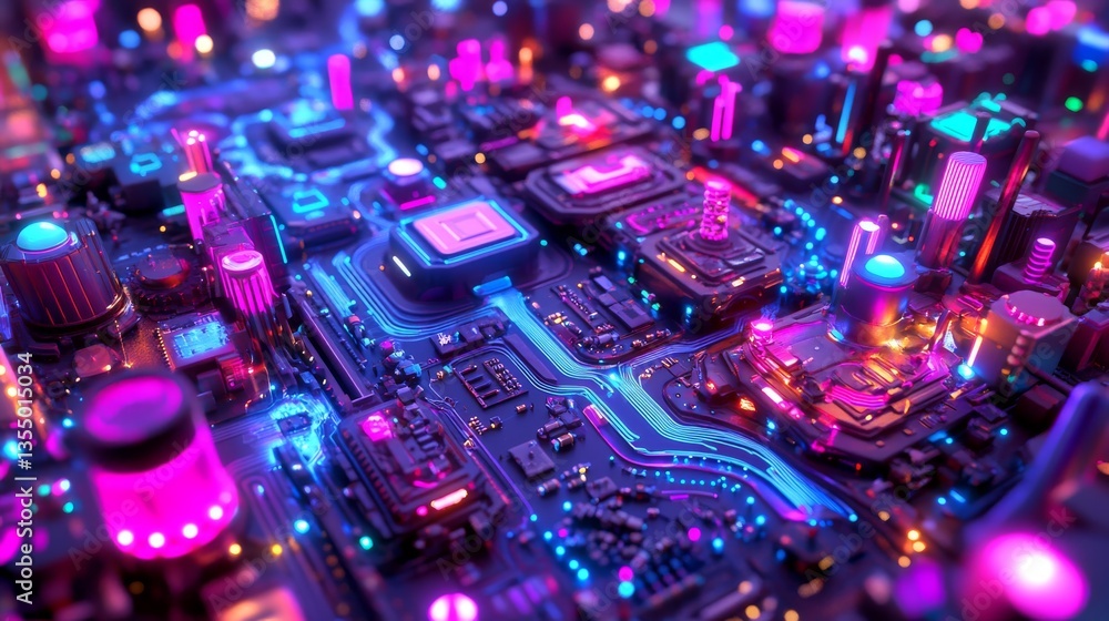 Poster an immersive 3d rendering of a city designed as a circuit board with neon-lit pathways and glowing s