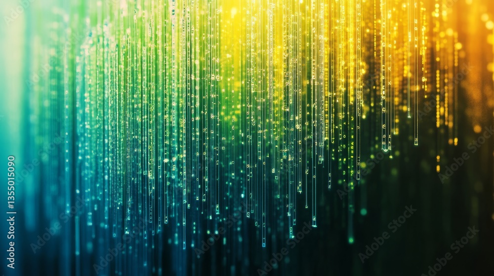 Poster vertical digital rain effect with cascading blue and yellow lights, creating a tech-inspired, futuri