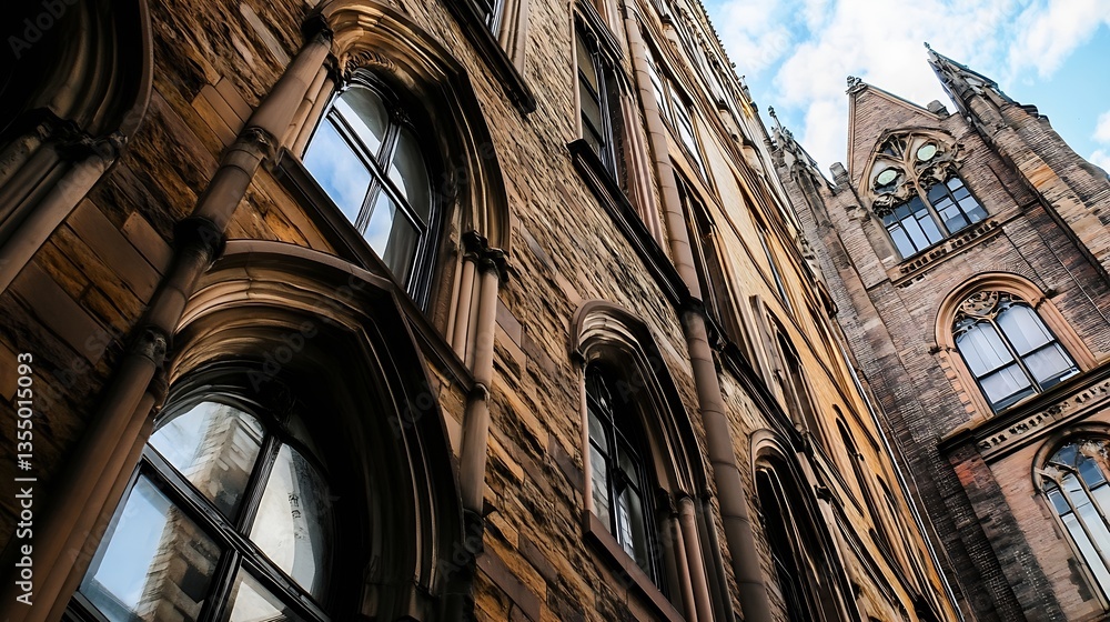 Poster unique architectural details of a historical building showcasing intricate stonework and windows : g