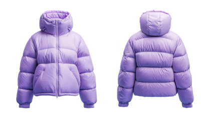 Purple puffer jacket with a hood.  Features a full-zip closure and boxy, quilted design