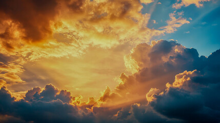 A breathtaking sunset with vibrant clouds in shades of orange, yellow, and blue, creating a dramatic sky that evokes tranquility and wonder.