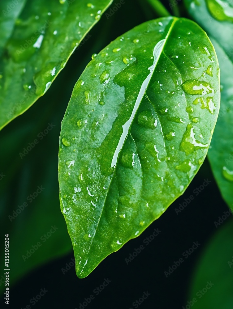 Poster raindrops glistening on lush green leaves creating a serene and refreshing botanical scene : generat