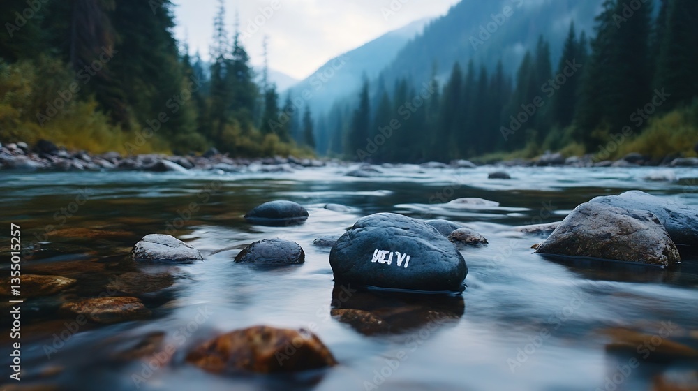Poster tranquil river scene with smooth water flowing over rocks and tall evergreen trees lining the banks 