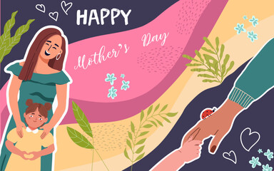 Collage, banner, background, horizontal, mothers day, family, hand drawn vector illustration.
