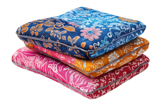 Vibrant floral cushions in a stack showcasing rich batik patterns and a soft, plush texture with shimmering silver trim.