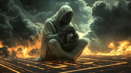 A mysterious hooded figure, adorned with a starry, dark void face, sits contemplatively in a futuristic, fiery landscape with dramatic clouds and illuminated grid floor.. AI Generation