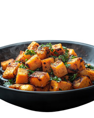 Warm, spiced butternut squash cubes, glistening with savory herbs, nestled in a dark skillet, steaming gently.