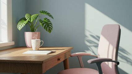 Desk setup in home office featuring Monstera plant, wooden desk, office chair, notebook, coffee cup. Promoting productivity, focus, tranquil workspace, interior design trends.