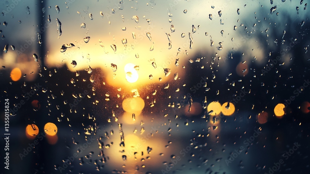 Poster raindrops on windowpane during sunset creating a moody atmosphere with city lights : generative ai