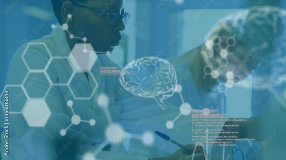 Poster scientists working in lab with brain and molecular structure animations overlay