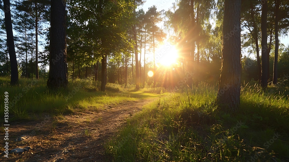 Aufkleber golden sunlight streaming through trees in a forest path creating a serene atmosphere in nature : ge