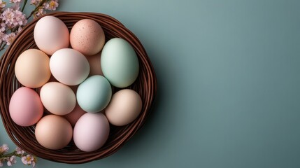 This image showcases a beautifully arranged basket of pastel-colored decorative eggs, capturing the essence of spring celebrations and typical Easter traditions in a vibrant manner.