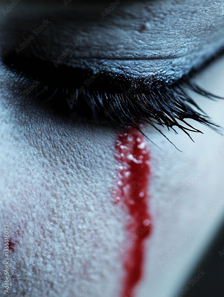 Leinwandbilder close up view of a somber eye with a dramatic red tear illustrating deep emotion and artistic expres
