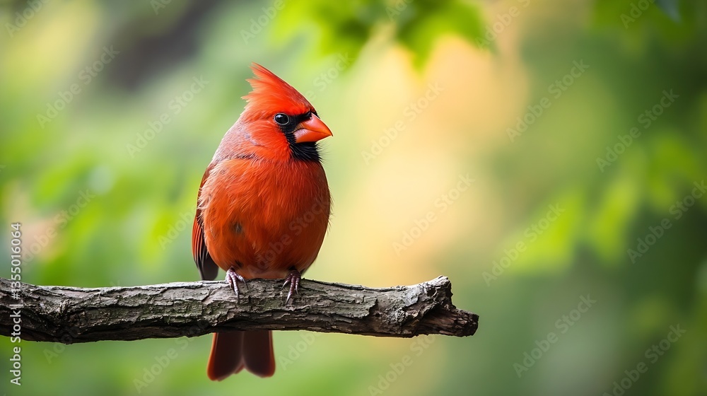 Poster stunning red cardinal bird perched gracefully on a branch amidst lush greenery and a soft outoffocus