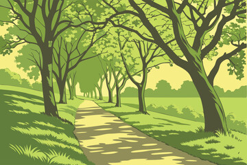 14 Tree-lined path, lush green canopy, dappled sunlight, spring foliage, tranquil park scene, winding walkway, symmetrical rows of trees, peaceful nature, verdant landscape, serene atmosphere, shadowy