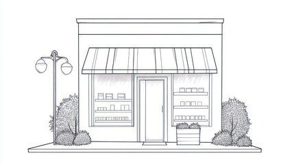 Fototapeta premium Simple storefront sketch, urban setting, line art, bakery display