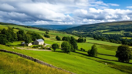 Obraz premium Stunning Green Pastures and Rolling Hills Under a Beautifully Cloudy Sky in a Rural Setting : Generative AI