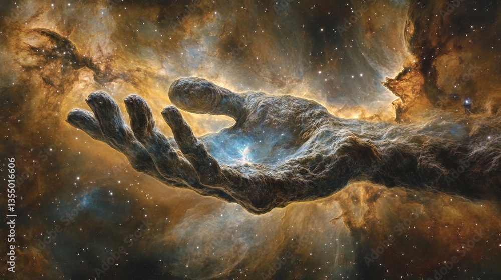 Poster a mystical stone hand appears to reach out through vibrant nebulae, evoking cosmic themes of creatio