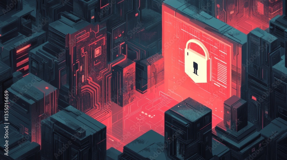 Poster 3d digital illustration of a large lock symbol glowing red among circuit board-like structures, symb