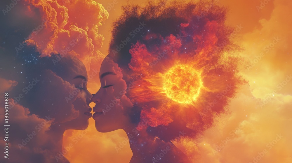 Poster artistic representation of two figures facing each other, blending into a fiery cosmic background wi