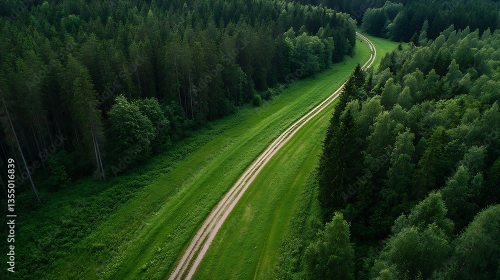 Poster aerial view of lush green forests with winding paths through the tranquil landscape : generative ai
