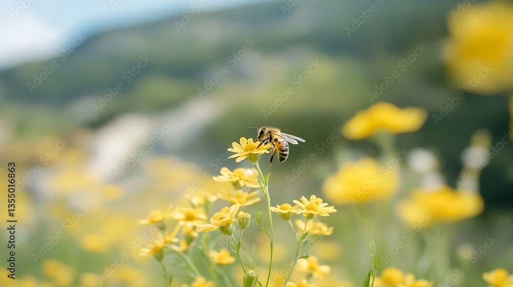 Poster honeybee collecting nectar from bright yellow flowers in a beautiful field : generative ai
