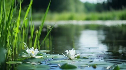 Serene Water Lily Blossoms Floating On Calm Lake Surrounded By Lush Green Grass And Nature : Generative AI