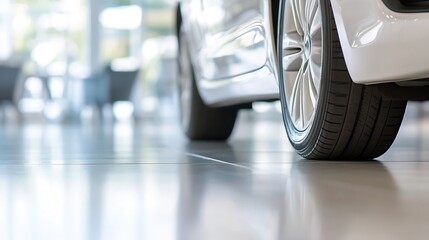 Close up of a car tire resting on a smooth floor in a modern showroom environment showing elegance and style : Generative AI
