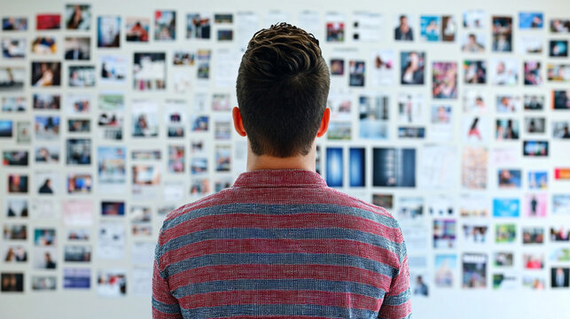 A person gazes at a wall filled with various images and artworks, suggesting contemplation or inspiration while engaging with visual creativity.