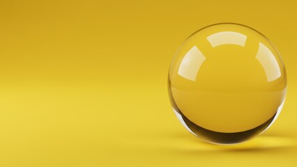 Sphere against yellow backdrop. Translucent ball, simple visual. Symbolizes perfection, balance, reflection. Represents creative concepts, harmony, optimism.