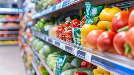 Vibrant assortment of fresh vegetables and fruits neatly displayed on supermarket shelves : Generative AI