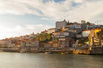 Beautiful sunset view of the Porto riverside promenade in Portugal