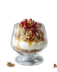 A delightful dessert layered with creamy yogurt, crunchy walnuts, sweet pomegranate seeds, and a drizzle of honey, presented in a stemmed glass on a marble surface.