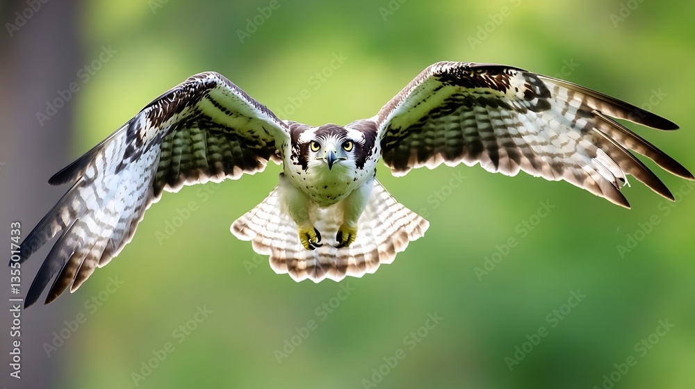 Poster majestic hawk flying in the air with its wings outstretched and a focused glare capturing the essenc