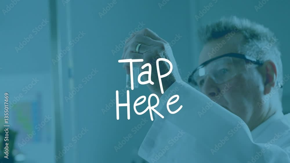 Poster in lab, scientist examining sample with animation text overlaying tap here