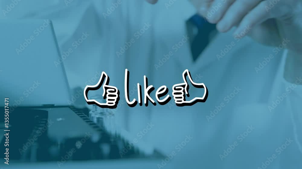 Poster animation of thumbs up and like text while person working at computer in school