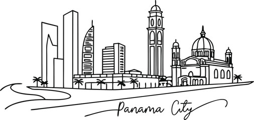 Fototapeta premium Panama city skyline, featuring its iconic landmarks in a trendy continuous-line style, perfect for home wall decor or poster art in a white background.