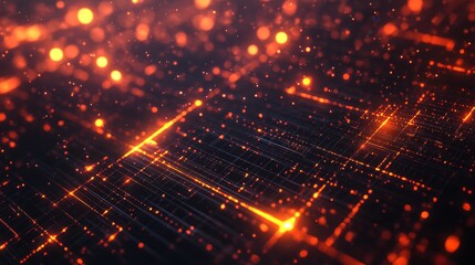 Fototapeta premium A dynamic 3D digital scene of an orange glowing grid intersected by lines and light particles, suggesting high-tech, data flow, and futuristic ambiance.. AI Generation