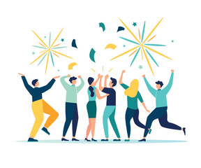 Vector illustration, people having fun and celebrating, doing decoration, holding a corporate party in the office at work