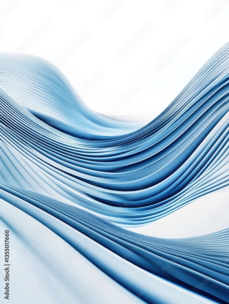 Poster calming abstract wavy blue lines varying in thickness and curve smoothly flow across a crisp white b