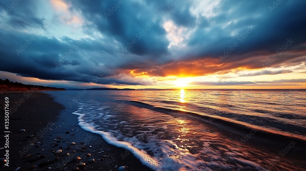 Poster dramatic sunset over a serene beach with colorful clouds reflecting on calm water and waves : genera
