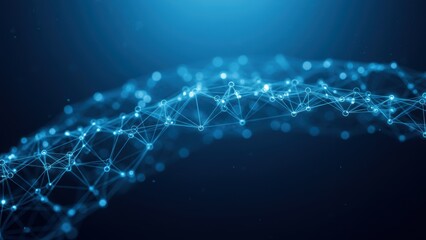 Abstract network: Interconnected nodes form digital mesh against dark backdrop. Illustrates artificial intelligence, blockchain, cybersecurity, emphasizes connection, innovation.