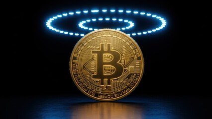 Bitcoin coin with glowing lights on dark backdrop. Digital cryptocurrency representing future finance, innovation, & electronic money.