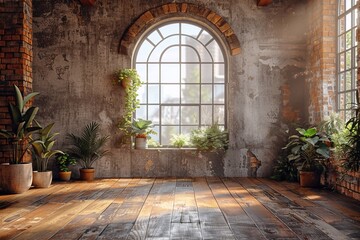 Obraz premium A sunlit room blends industrial style with nature. An arched window frames a bright view. Plants add life to the space. Generative AI
