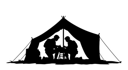 soldiers planning at table inside military tent black vector silhouette © Camel