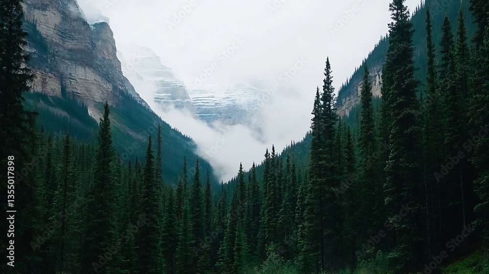 Aufkleber dramatic mountain scenery surrounded by tall green trees emerging from misty fog and clouds : genera