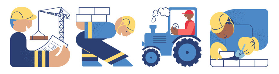 Construction site. Worker building brick wall. Builder with project at construction site. Tractor driving. Sketch vector illustration