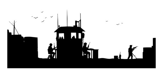 military base with soldiers and watchtower black vector silhouette